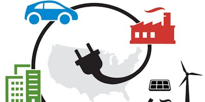 Illustration of a few sky scrapers, a car, a factory, and some sustainable energy sources, on a power cord spiraling towards the United States of America.