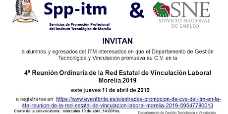 Imagen principal de Promoción de C.V.s del ITM en la 4ta. Reunión de la Red Estatal de Vinculación Laboral Morelia 2019