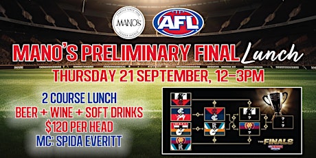 Primaire afbeelding van Mano’s Preliminary Final AFL Lunch Thursday 21st September 2023