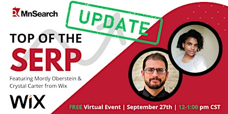 Imagen principal de MnSearch September Event: "Top of the SERP" w/ Mordy & Crystal @ Wix