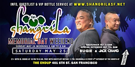 ShangriLa AFTER-HOURS - Saturday May 25 - Memorial Day Weekend w/ Jack Chang + Bugie