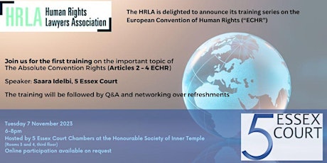 Imagem principal do evento HRLA Training Series: The Absolute Convention Rights (Articles 2-4 ECHR)