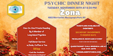 Primaire afbeelding van Psychic Dinner Night At Zona Italian Restaurant  in Massapequa Park!