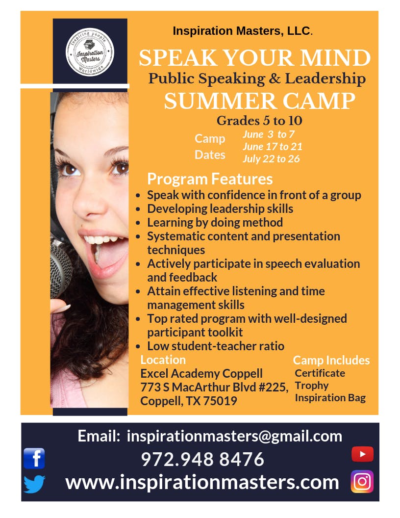 Speak Your Mind: Public Speaking and Leadership Summer Camp (June 24 to 28) Murphy Learning Center