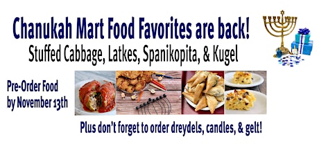 Immagine principale di Chanukah Mart '23:Pre-order Chanukah  Mart Food & Candles,Dreydels,Gelt 