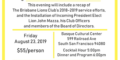 Brisbane Lions Club Officer 2019 Installation Dinner primary image