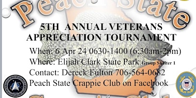 Hauptbild für 5th Annual Peach State Veterans Crappie Tournament (Vet non boater)