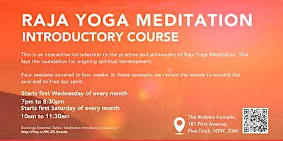 Raja Yoga Meditation Introductory Course (starts on first Saturday)of month primary image