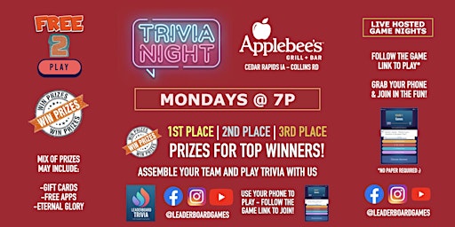 Primaire afbeelding van Trivia Night | Applebee's Grill + Bar - Collins Rd Cedar Rapids IA - MON 7p