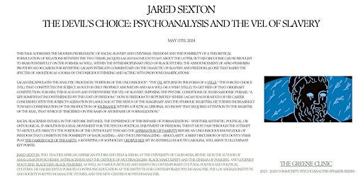 Imagem principal do evento Jared Sexton - The Devil’s Choice: Psychoanalysis and the Vel of Slavery