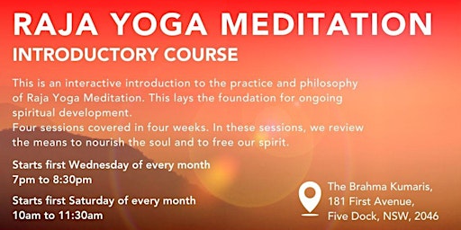 Immagine principale di Raja Yoga Meditation Introductory Course (starts on first Wednesday)month 