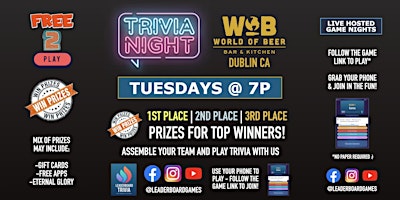 Primaire afbeelding van Trivia Night | World of Beer - Dublin CA - TUE 7p - @LeaderboardGames