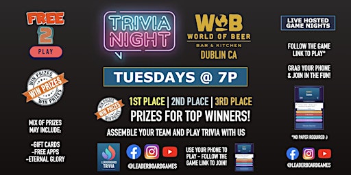 Primaire afbeelding van Trivia Night | World of Beer - Dublin CA - TUE 7p - @LeaderboardGames
