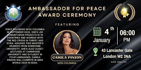 Camila Pinzon, Miss Colombia, To Receive an Ambassador for Peace Award primary image