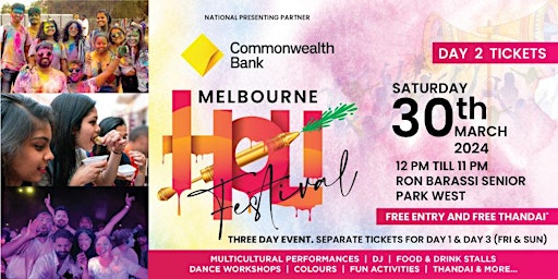 Holi Festival Melbourne CBD - 30th March - FREE Entry & Thandai** primary image