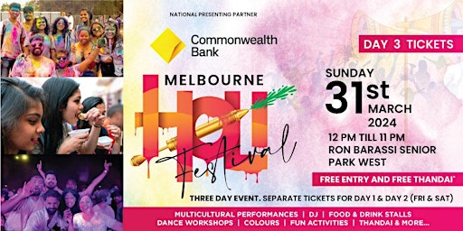 Holi Festival Melbourne CBD - 31st March - FREE Entry & Thandai** primary image