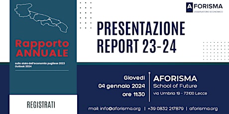 Immagine principale di Presentazione Report Osservatorio  Econonico AFORISMA Puglia  2023 - 2024 