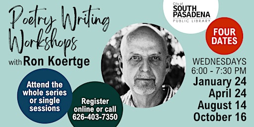 Image principale de Poetry Writing Workshops with South Pasadena Poet Laureate  Ron Koertge