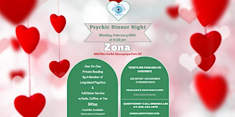 Primaire afbeelding van Psychic Dinner Night At Zona Restaurant In Massapequa Park, NY