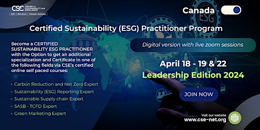 Imagem principal do evento Certified Sustainability (ESG)Practitioner Program, Leadership Edition 2024