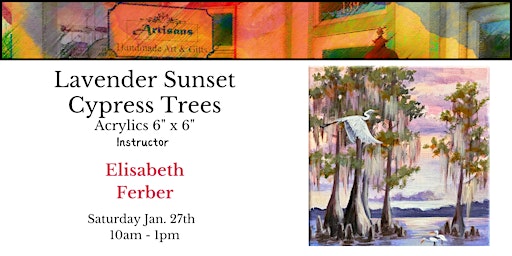 Imagem principal do evento Lavender Sunset Cypress Trees Acrylic Painting 6" x  6"