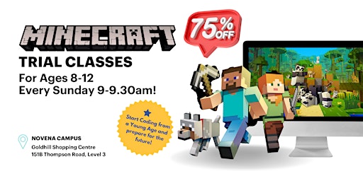 Primaire afbeelding van 75% Discount for Minecraft Trial Classes for Ages 8-12