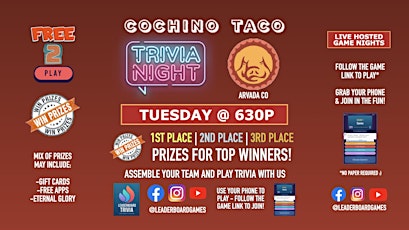 Trivia Night | Cochino Taco - Arvada CO - TUE 630p - @LeaderboardGames