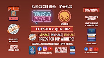 Imagen principal de Trivia Night | Cochino Taco - Arvada CO - TUE 630p - @LeaderboardGames