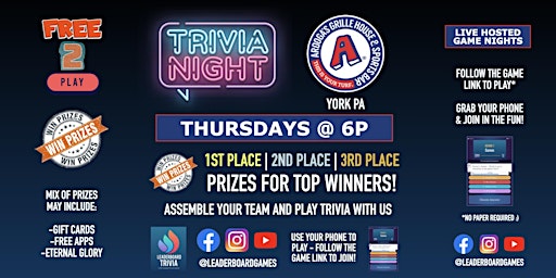 Primaire afbeelding van Trivia Night | Arooga's - York PA - THUR 6p - @LeaderboardGames