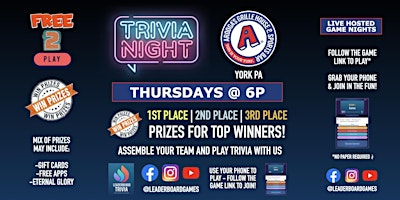 Primaire afbeelding van Trivia Night | Arooga's - York PA - THUR 6p - @LeaderboardGames