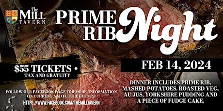 Prime Rib Dinner at The Mill Tavern primary image