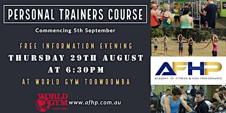 Become a Personal Trainer and Fitness Professional - FREE info evening at WORLD GYM TOOWOOMBA, Thursday 29th August at 6:30pm primary image