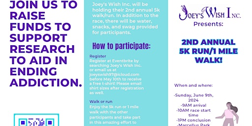 Primaire afbeelding van Joey's Wish Inc.'s 2nd annual 5K run/1 mile walk
