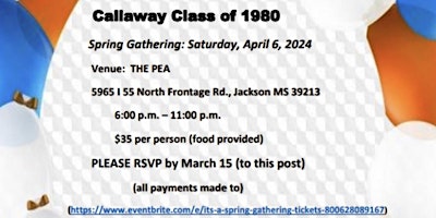 Image principale de IT'S A SPRING GATHERING.A Glimpse into our 45th High School Reunion.. $35pp