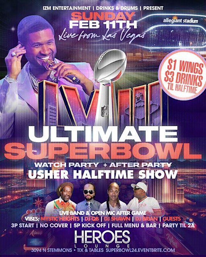 Elevate your Super Bowl vibes! Enjoy $1 Wings til Halftime*, then dive into the After Party with The Live Band & Open Mic! No Cover All Night! SUPERBOWL LVIII | Ultimate Watch Party | $1 Wings - $3 Drinks