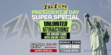 Imagem principal do evento President's Day | Zap Zone Sterling Heights