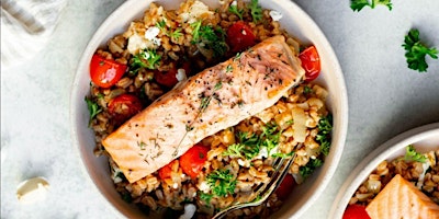 Imagen principal de UBS IN PERSON Cooking Wellness Class: Poached Salmon with Pesto Grain Bowl