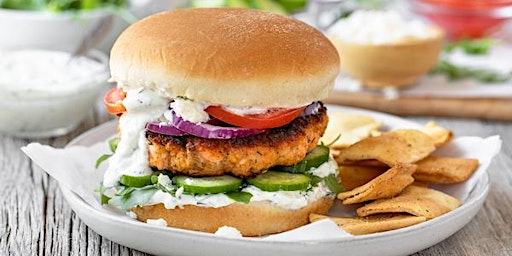 UBS IN PERSON Cooking Class: Greek Salmon Burgers with Scallion Feta Sauce primary image