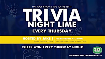 Primaire afbeelding van Trivia Thursdays at the 321 Lime House!  Prizes won every night!