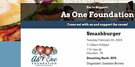 Eat at Smashburger (174 Yale St.) to Support the AS ONE FOUNDATION primary image