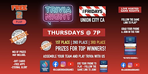 Immagine principale di Trivia Night | TGI Fridays - Union City CA - THUR 7p - @LeaderboardGames 