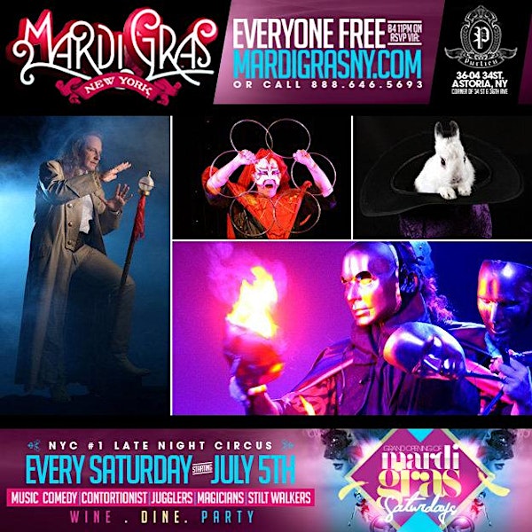 Sat! Mardi Gras at Purlieu(Astoria,NY) w/ Dj Self & Dj Norie | Late Night Circus & Party: Music, Magicians, Contortionist, Stilt Walkers & More | Everyone FREE b4 12am on RSVP