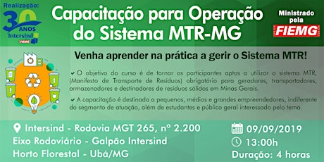 Imagem principal do evento Curso: Capacitação para Operação do Sistema MTR-MG - Ministrado pela FIEMG