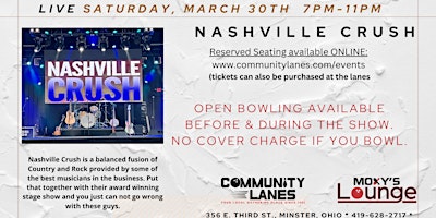 Primaire afbeelding van Nashville Crush! Live at Community Lanes- March 30th, 2024 from 7-11pm