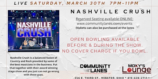 Image principale de Nashville Crush! Live at Community Lanes- March 30th, 2024 from 7-11pm