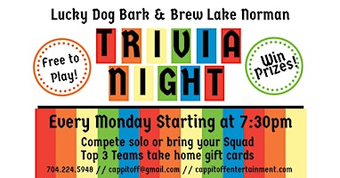 Imagem principal do evento Monday Trivia at Lucky Dog Bark & Brew Lake Norman