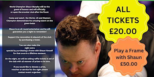 Hauptbild für Stratford Snooker Exhibition - Shaun Murphy Re-opening fundraiser