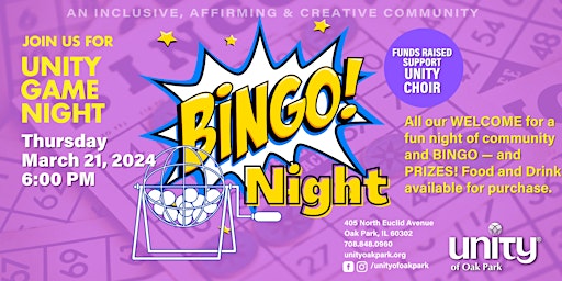 Image principale de Unity Game Night - Bingo Night - TICKETS STILL AVAILABLE IN PERSON