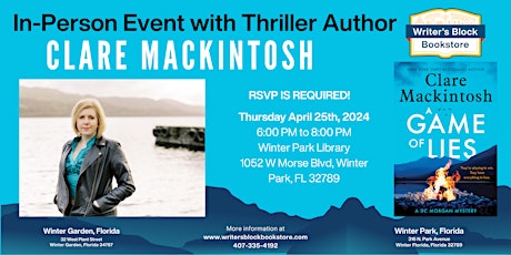 In Person Event with Thriller Author Clare Mackintosh