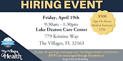 Primaire afbeelding van The Villages Health Hiring Event - April 19th